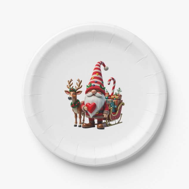 Christmas Light Gnome Santa Claus Riding Sleigh Hi Paper Plate (Front)