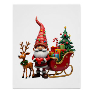 Christmas Light Gnome Santa Claus Riding Sleigh Hi Poster