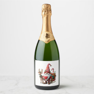 Christmas Light Gnome Santa Claus Riding Sleigh Hi Sparkling Wine Label