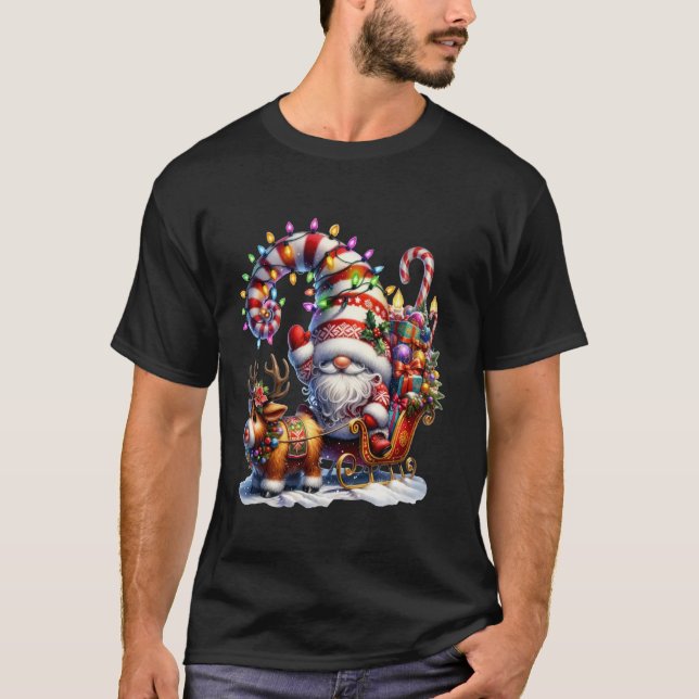 Christmas Light Gnome Santa Claus Riding Sleigh Hi T-Shirt (Front)