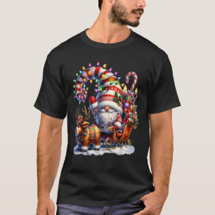 Christmas Light Gnome Santa Claus Riding Sleigh Hi T-Shirt