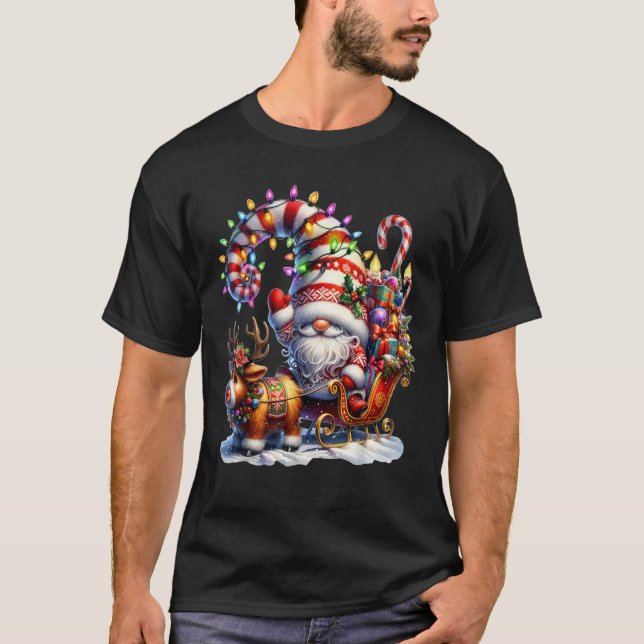Christmas Light Gnome Santa Claus Riding Sleigh Hi T-Shirt (Front)