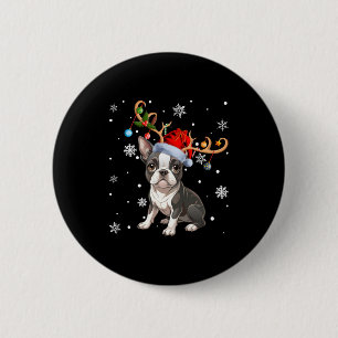Christmas Light Reindeer Santa Hat Boston Terrier  6 Cm Round Badge