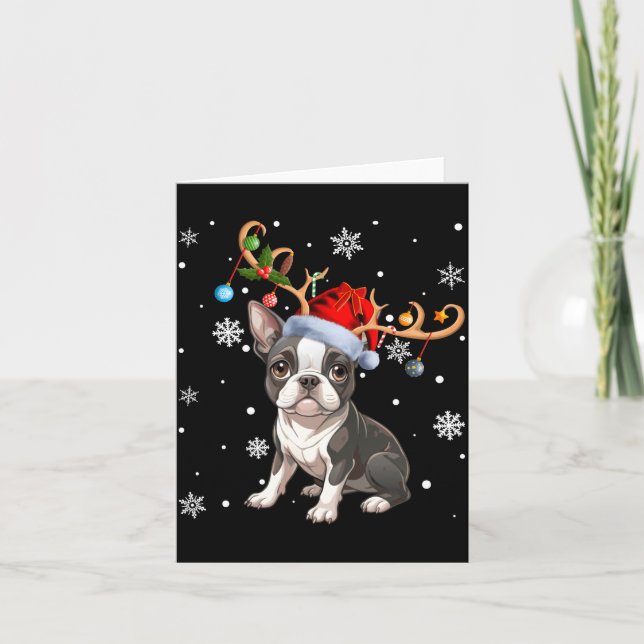 Christmas Light Reindeer Santa Hat Boston Terrier  Card (Front)
