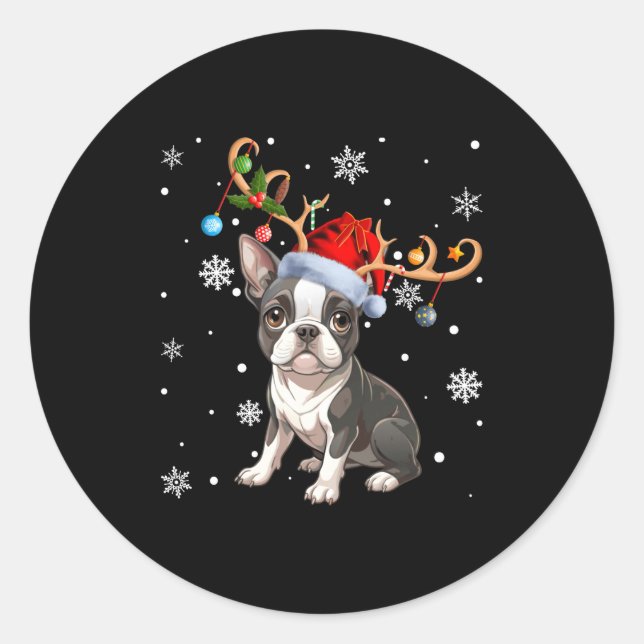 Christmas Light Reindeer Santa Hat Boston Terrier  Classic Round Sticker (Front)