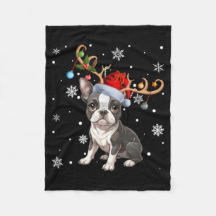 Christmas Light Reindeer Santa Hat Boston Terrier Fleece Blanket
