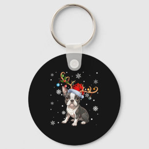Christmas Light Reindeer Santa Hat Boston Terrier  Key Ring