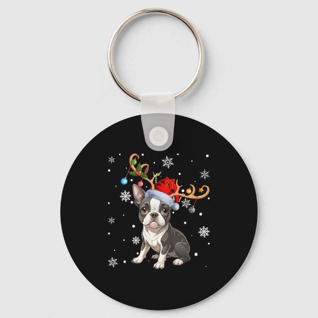 Christmas Light Reindeer Santa Hat Boston Terrier  Key Ring (Front)