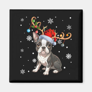 Christmas Light Reindeer Santa Hat Boston Terrier  Magnet