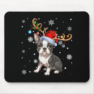 Christmas Light Reindeer Santa Hat Boston Terrier Mouse Mat