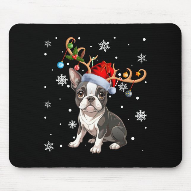 Christmas Light Reindeer Santa Hat Boston Terrier  Mouse Mat (Front)