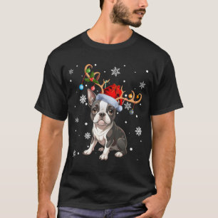 Christmas Light Reindeer Santa Hat Boston Terrier  T-Shirt