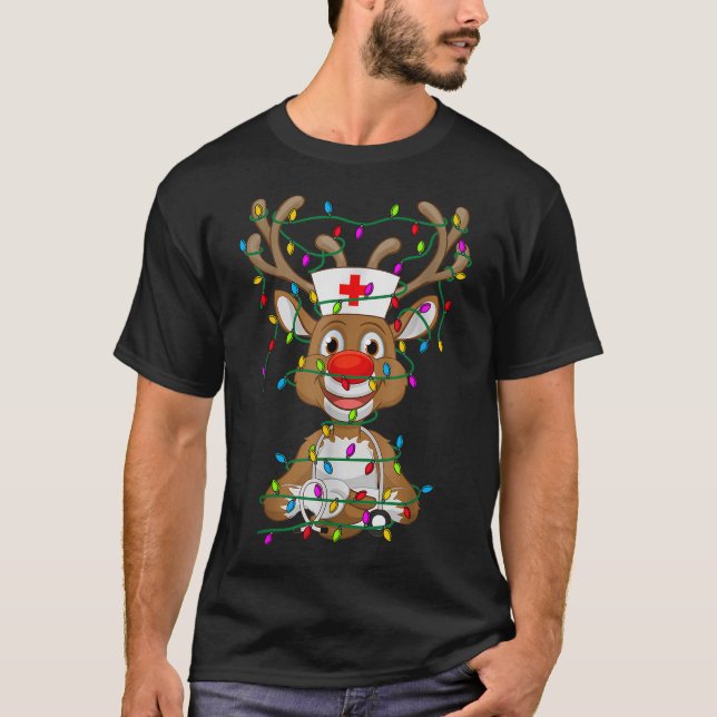 Christmas Light Reindeer Scrubs Rubber Gloves  T-Shirt (Front)