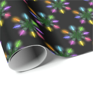 Christmas light snowflakes on black wrapping paper