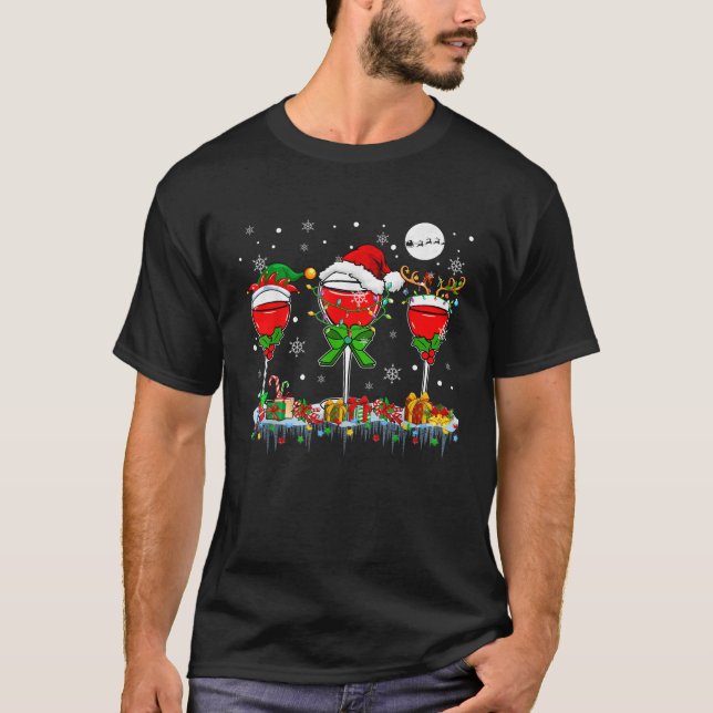 Christmas Light Three Santa Reindeer Elf Wine Glas T-Shirt (Front)