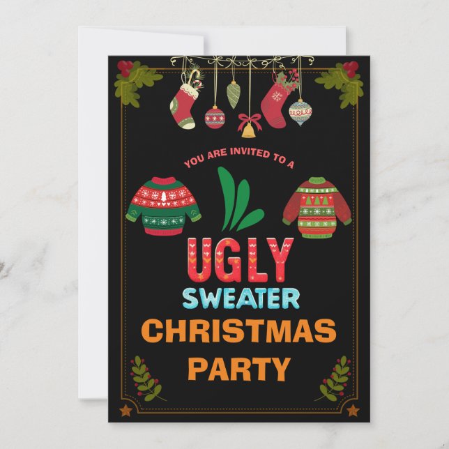 Christmas Light Ugly Sweater Party Black Theme Invitation (Front)