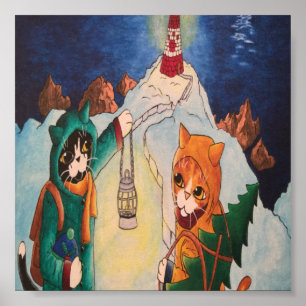 Christmas Lighthouse at Night Cats Poster