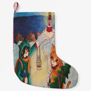 Christmas Lighthouse at Night Cats Small Christmas Stocking