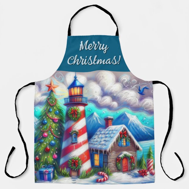 Christmas Lighthouse Nautical Coastal Mountain Apron (Front)