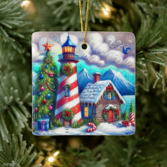 Christmas Lighthouse Nautical Coastal Mountain Ceramic Ornament (Tree)