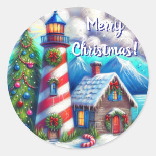 Christmas Lighthouse Nautical Coastal Mountain Classic Round Sticker