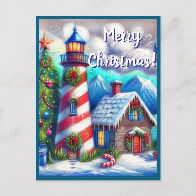 Christmas Lighthouse Nautical Coastal Mountain Holiday Postcard (Front)