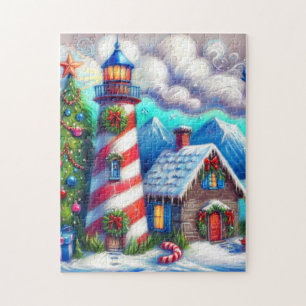 Christmas Lighthouse Nautical Coastal Mountain Jigsaw Puzzle