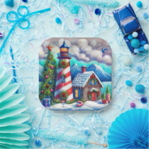 Christmas Lighthouse Nautical Coastal Mountain Paper Plate