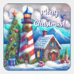 Christmas Lighthouse Nautical Coastal Mountain Square Sticker