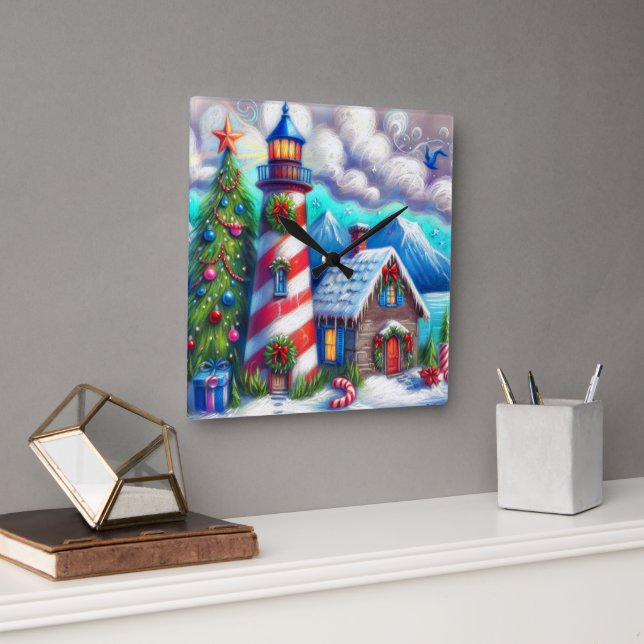 Christmas Lighthouse Nautical Coastal Mountain Square Wall Clock (Office)