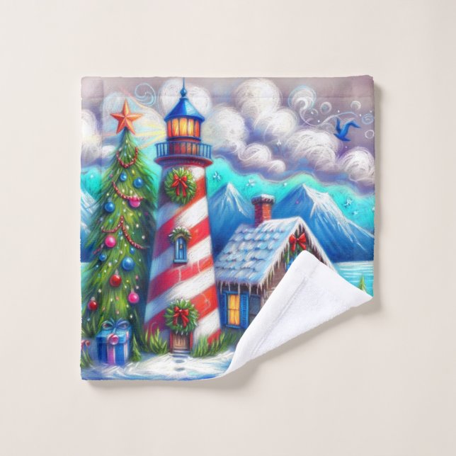 Christmas Lighthouse Nautical Coastal Mountain Wash Cloth (Wash Cloth)