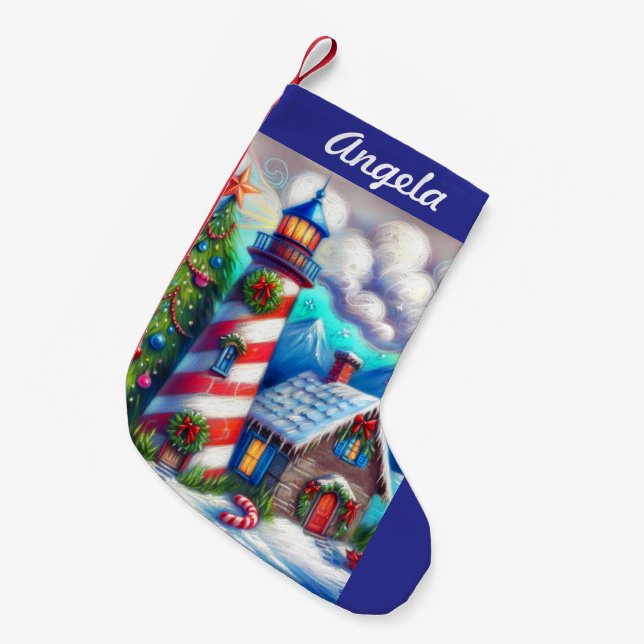 Christmas Lighthouse Nautical Magnetic Card Small Christmas Stocking (Front (Hanging))