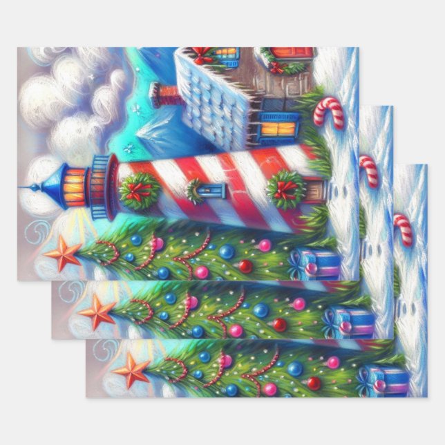 Christmas Lighthouse Nautical Mountain Decoupage Wrapping Paper Sheet (Set)