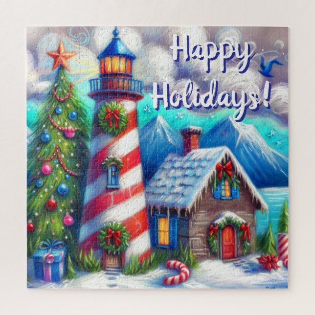 Christmas Lighthouse Nautical Personalised Jigsaw Puzzle (Vertical)