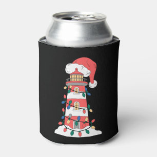 Christmas Lighthouse Santa Hat Lights Coastal Xmas Can Cooler