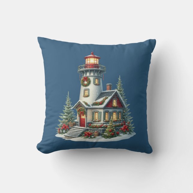 Christmas Lighthouse Throw Pillow (Front)