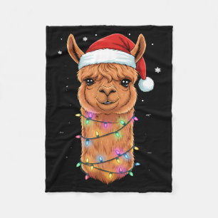 Christmas Lights Alpaca Santa Hat Llama Cute Xmas Fleece Blanket