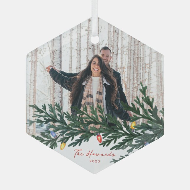 Christmas Lights and Greenery Photo Glass Tree Decoration (Front)