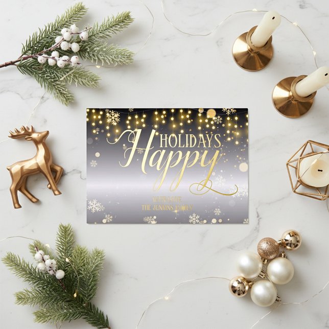 Christmas Lights and Snowflakes on Grey Gradient Foil Holiday Card (Creator Uploaded)