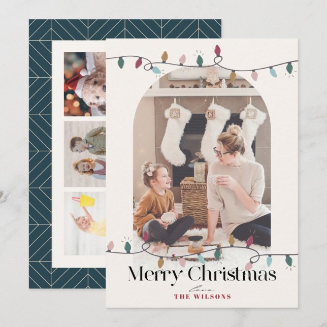 Christmas Lights Arch 4 Photo Christmas Navy Holiday Card (Front/Back)