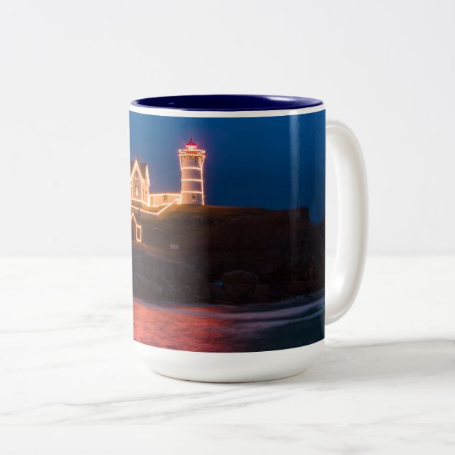 Christmas Lights at Nubble lighthouse in Maine Two-Tone Coffee Mug (Front Right)