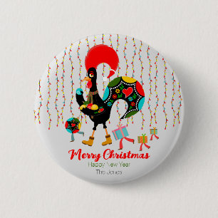 Christmas lights, baubles, presents and Rooster 6 Cm Round Badge