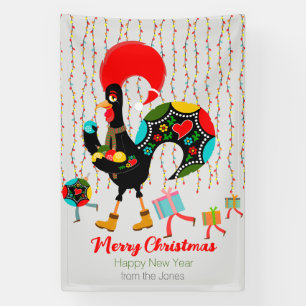 Christmas lights, baubles, presents and Rooster Banner