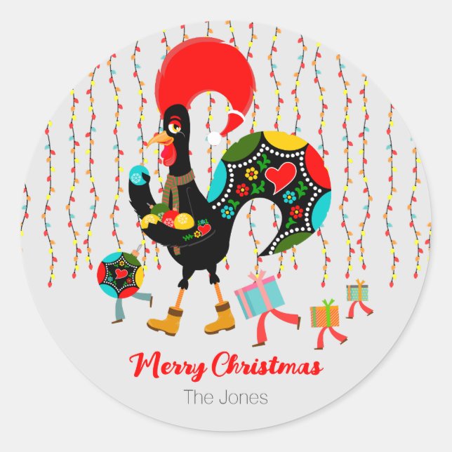 Christmas lights, baubles, presents and Rooster Classic Round Sticker (Front)
