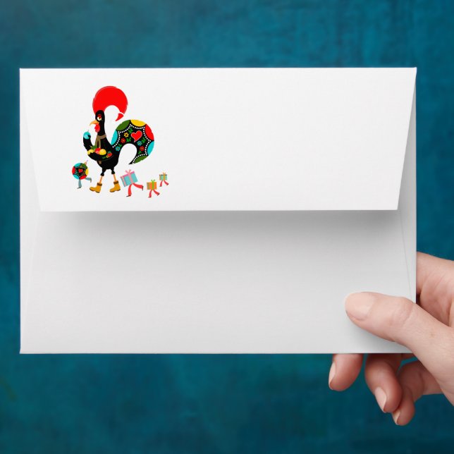 Christmas lights, baubles, presents and Rooster Envelope (Hand)