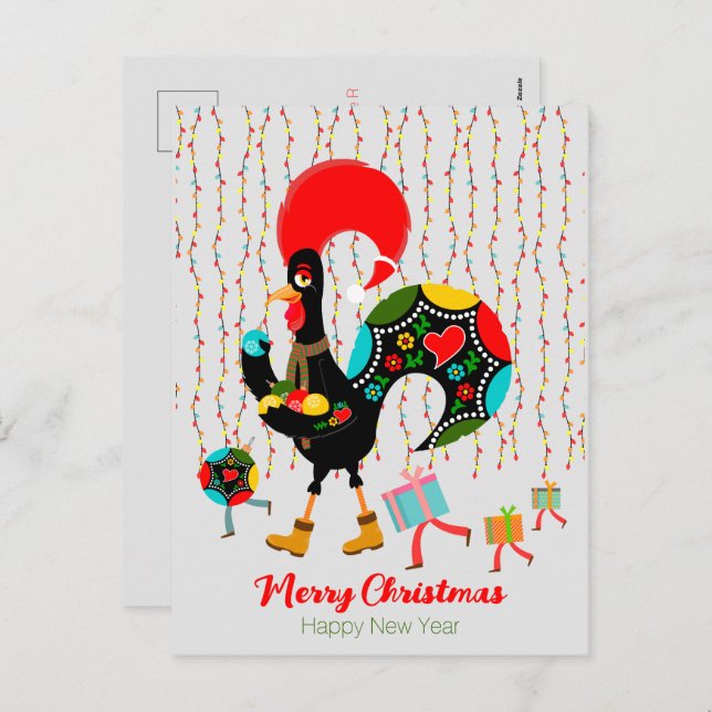 Christmas lights, baubles, presents and Rooster Holiday Postcard (Front/Back)