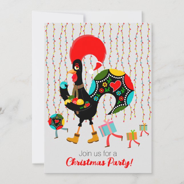 Christmas lights, baubles, presents and Rooster Invitation (Front)
