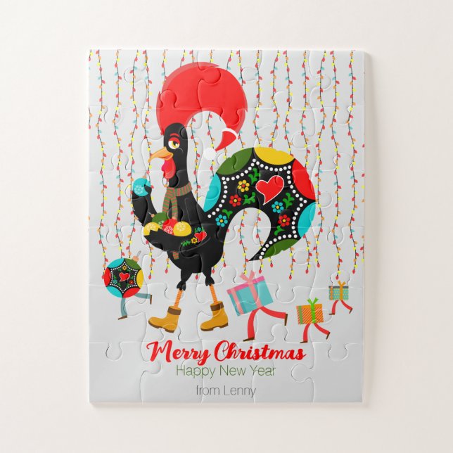Christmas lights, baubles, presents and Rooster Jigsaw Puzzle (Vertical)