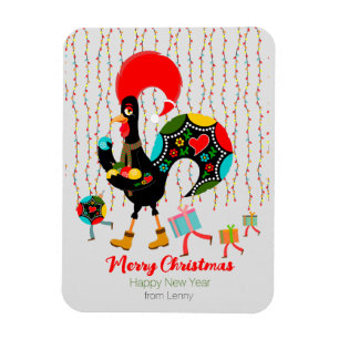 Christmas lights, baubles, presents and Rooster Magnet