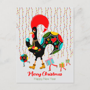 Christmas lights, baubles, presents and Rooster Postcard